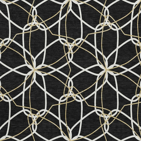 8' X 10' Black Ivory And Gold Geometric Washable Area Rug With UV Protection