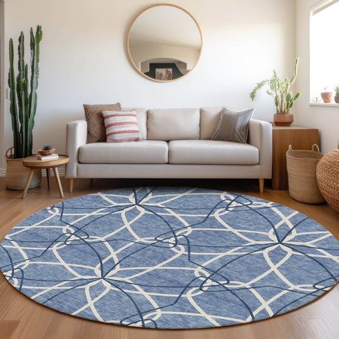 8' Denim Blue And Ivory Geometric Washable Round Rug With UV Protection