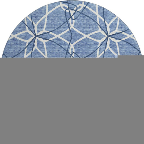 8' Denim Blue And Ivory Geometric Washable Round Rug With UV Protection