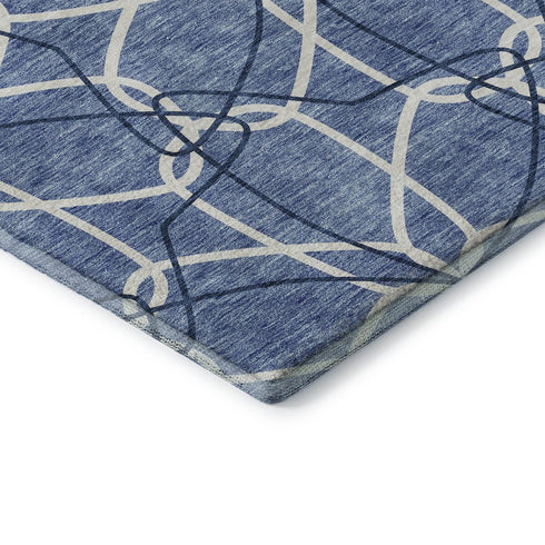 8' Denim Blue And Ivory Geometric Washable Round Rug With UV Protection