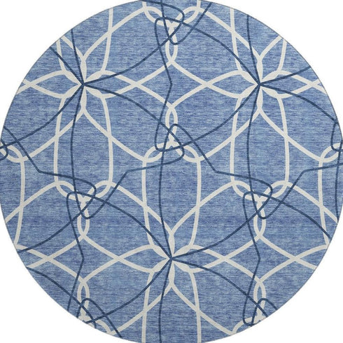 8' Denim Blue And Ivory Geometric Washable Round Rug With UV Protection