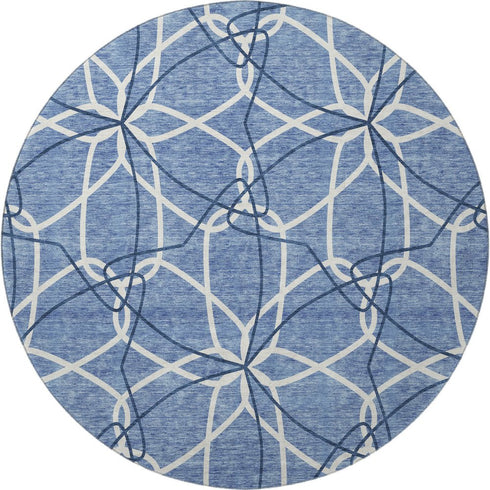 8' Denim Blue And Ivory Geometric Washable Round Rug With UV Protection