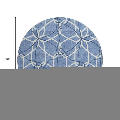 8' Denim Blue And Ivory Geometric Washable Round Rug With UV Protection