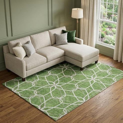 8' X 10' Green Ivory And Gray Geometric Washable Area Rug With UV Protection