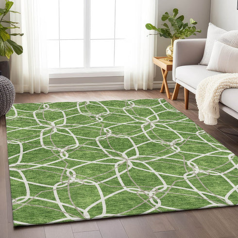 8' X 10' Green Ivory And Gray Geometric Washable Area Rug With UV Protection