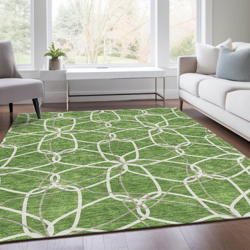 8' X 10' Green Ivory And Gray Geometric Washable Area Rug With UV Protection
