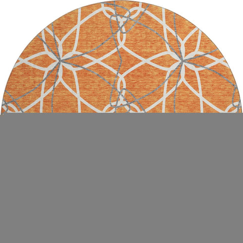8' Orange Ivory And Gray Geometric Washable Round Rug With UV Protection