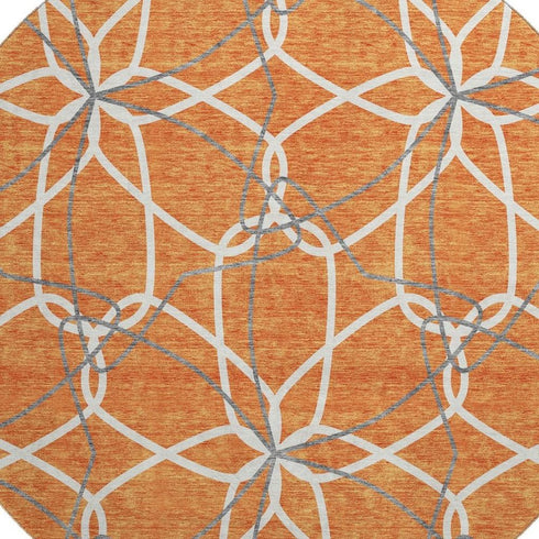 8' Orange Ivory And Gray Geometric Washable Round Rug With UV Protection