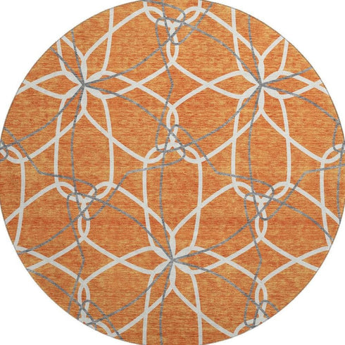 8' Orange Ivory And Gray Geometric Washable Round Rug With UV Protection