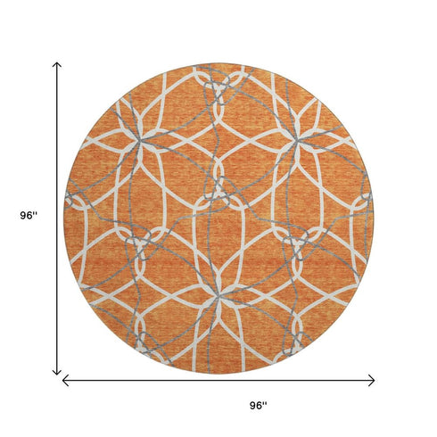8' Orange Ivory And Gray Geometric Washable Round Rug With UV Protection