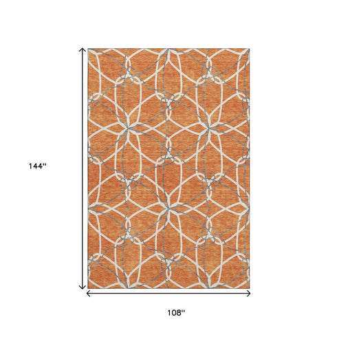9' X 12' Orange Ivory And Gray Geometric Washable Area Rug With UV Protection
