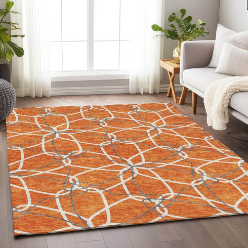 9' X 12' Orange Ivory And Gray Geometric Washable Area Rug With UV Protection
