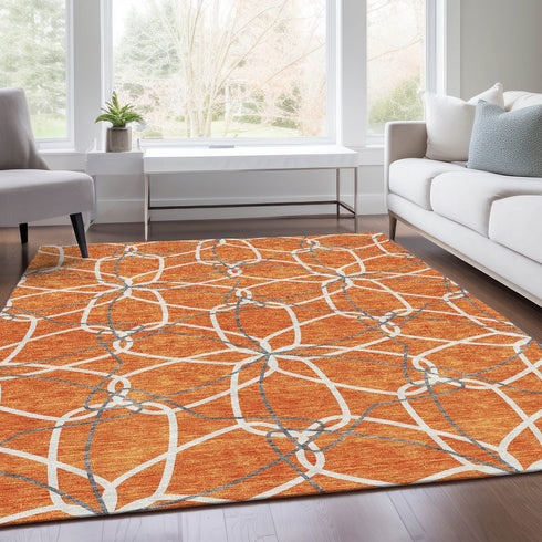 9' X 12' Orange Ivory And Gray Geometric Washable Area Rug With UV Protection