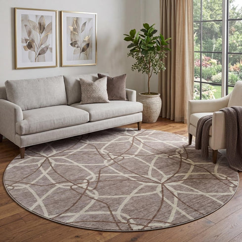 8' Taupe Beige And Brown Geometric Washable Round Rug With UV Protection