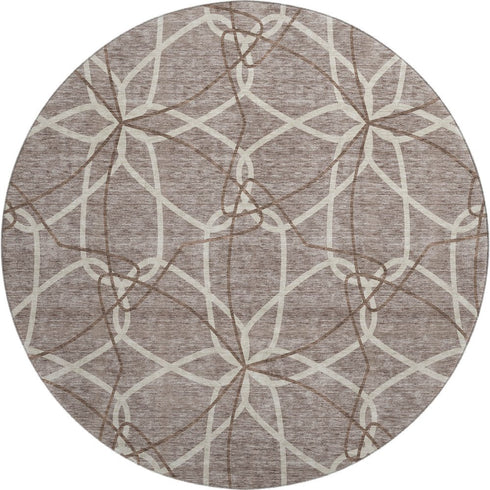 8' Taupe Beige And Brown Geometric Washable Round Rug With UV Protection