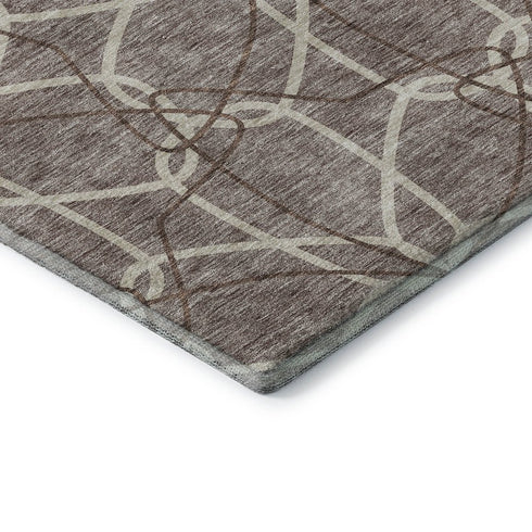 8' Taupe Beige And Brown Geometric Washable Round Rug With UV Protection
