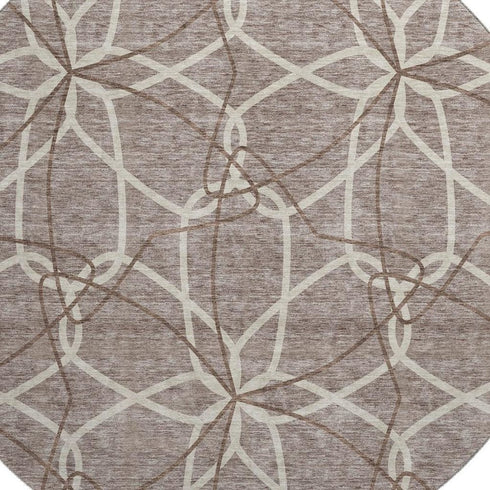 8' Taupe Beige And Brown Geometric Washable Round Rug With UV Protection