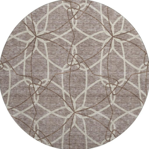 8' Taupe Beige And Brown Geometric Washable Round Rug With UV Protection