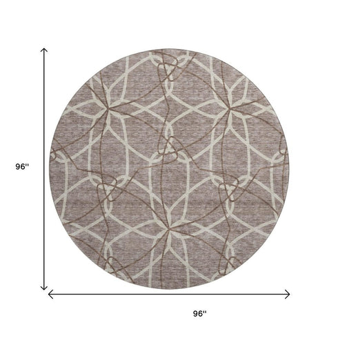 8' Taupe Beige And Brown Geometric Washable Round Rug With UV Protection