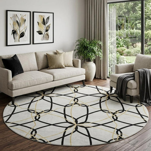 8' White Black And Gold Geometric Washable Round Rug With UV Protection