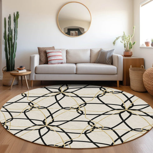 8' White Black And Gold Geometric Washable Round Rug With UV Protection