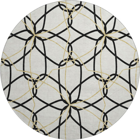 8' White Black And Gold Geometric Washable Round Rug With UV Protection