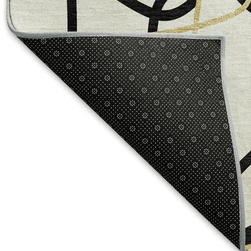 8' White Black And Gold Geometric Washable Round Rug With UV Protection
