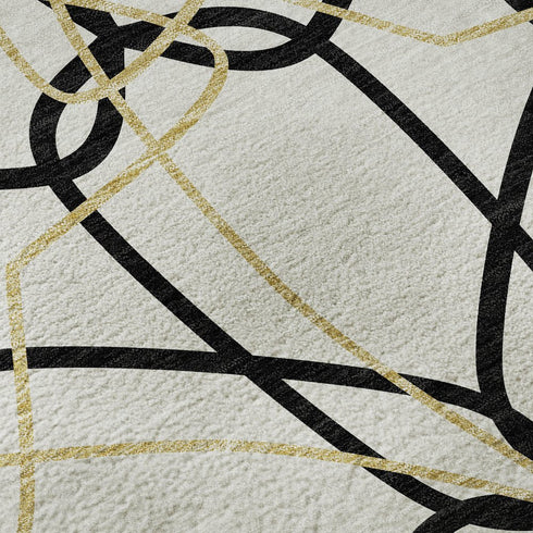 8' White Black And Gold Geometric Washable Round Rug With UV Protection