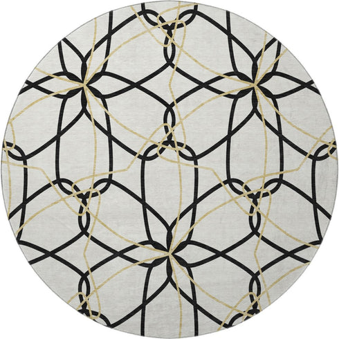 8' White Black And Gold Geometric Washable Round Rug With UV Protection