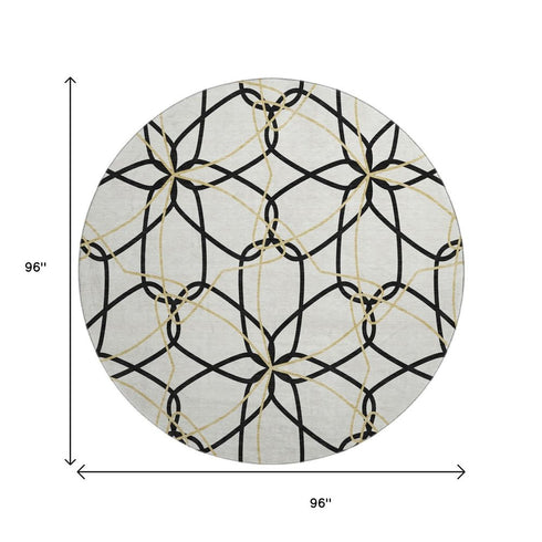 8' White Black And Gold Geometric Washable Round Rug With UV Protection