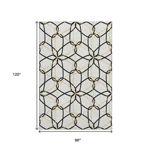 8' X 10' White Black And Gold Geometric Washable Area Rug With UV Protection