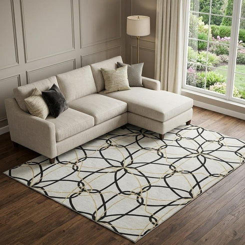 8' X 10' White Black And Gold Geometric Washable Area Rug With UV Protection
