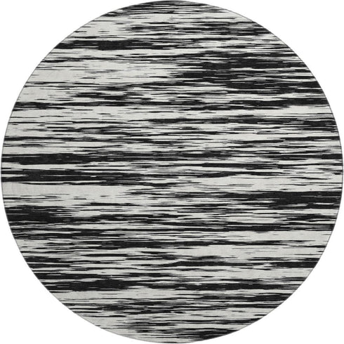 8' Black And Ivory Striped Washable Round Rug With UV Protection