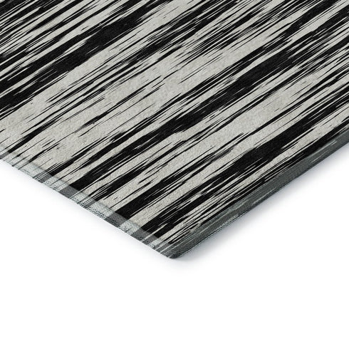 8' Black And Ivory Striped Washable Round Rug With UV Protection