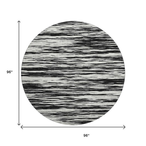 8' Black And Ivory Striped Washable Round Rug With UV Protection