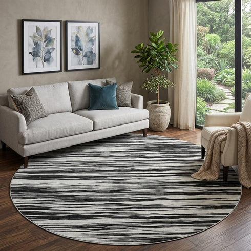 8' Black And Ivory Striped Washable Round Rug With UV Protection