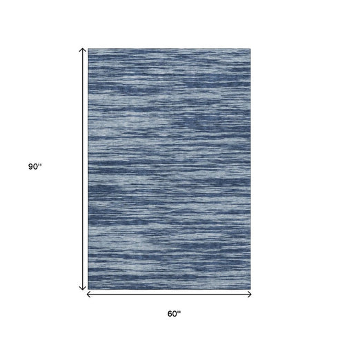 5' X 8' Blue And Ivory Striped Washable Area Rug With UV Protection