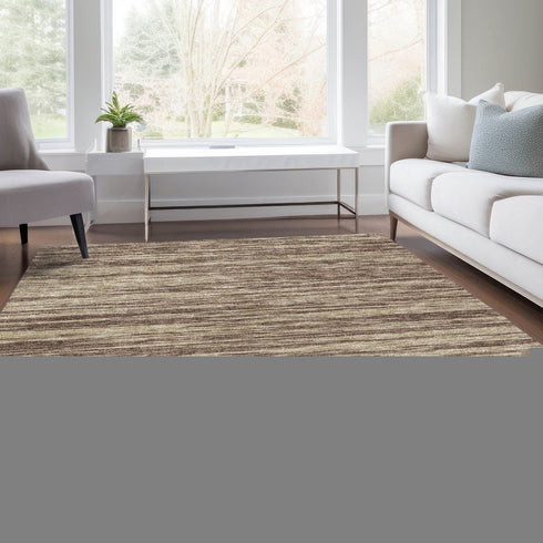 9' X 12' Brown And Beige Striped Washable Area Rug With UV Protection