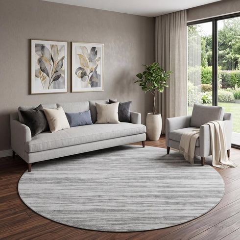 8' Gray And Silver Striped Washable Round Rug With UV Protection