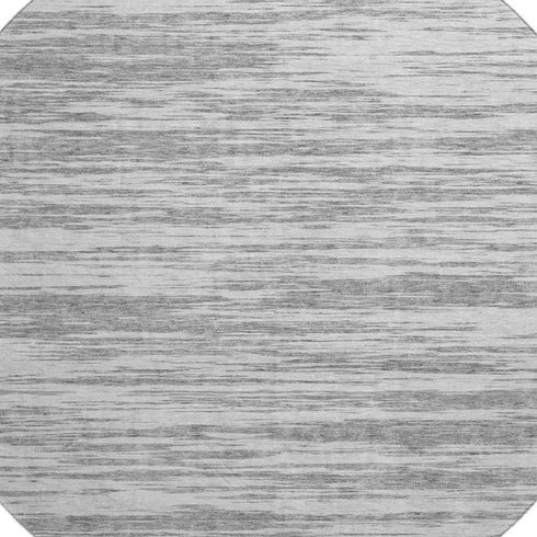 8' Gray And Silver Striped Washable Round Rug With UV Protection