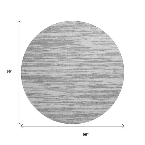 8' Gray And Silver Striped Washable Round Rug With UV Protection