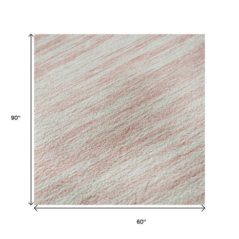 5' X 8' Pink And Ivory Striped Washable Area Rug With UV Protection