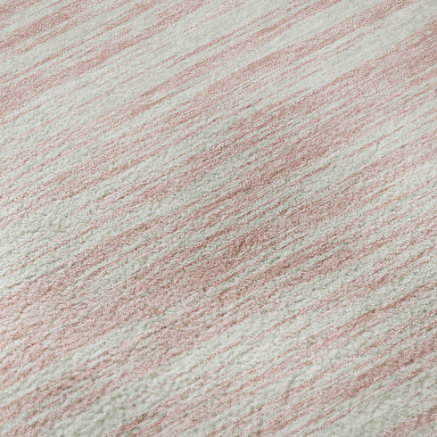 8' Pink And Ivory Striped Washable Round Rug With UV Protection