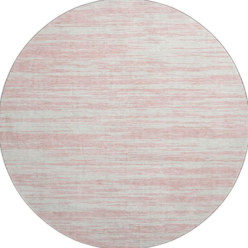 8' Pink And Ivory Striped Washable Round Rug With UV Protection