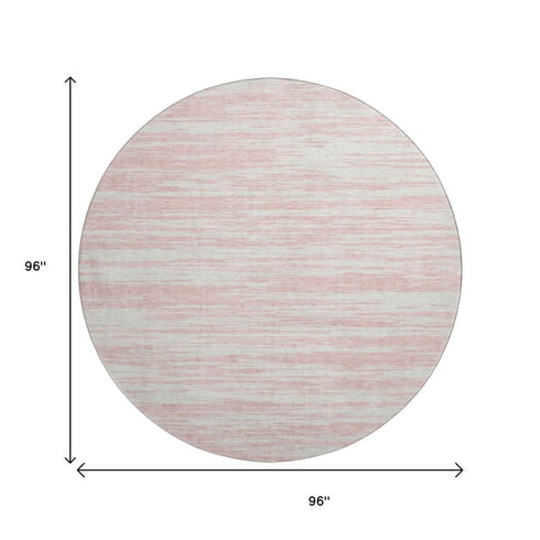 8' Pink And Ivory Striped Washable Round Rug With UV Protection