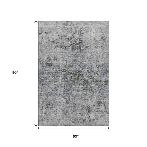 5' X 8' Gray And Silver Abstract Washable Area Rug With UV Protection