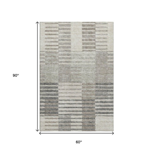 5' X 8' Beige Ivory And Gray Striped Washable Area Rug With UV Protection