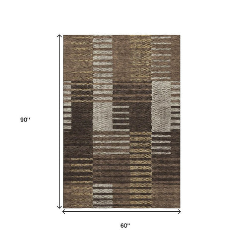 5' X 8' Chocolate Beige And Gold Striped Washable Area Rug With UV Protection