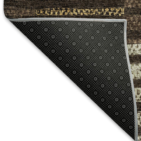 5' X 8' Chocolate Beige And Gold Striped Washable Area Rug With UV Protection