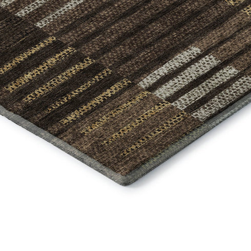 5' X 8' Chocolate Beige And Gold Striped Washable Area Rug With UV Protection